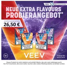 Aktion Veev One X Liquid Pods. Lila Hintergrund mit orangem V und vier Veev One X Packungen im Vordergrund.