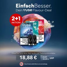 Vuse Pods Aktion 2+1. Drei Vuse Pods, blau, grün, rot mit rundem Aktionsbottom und blauem Hintergrund.