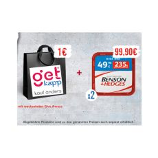 Aktion Benson & Hedges Tabak Giga Box Wundertüte. Rot-weißer Eimer mit Benson & Hedges Logo und schwarzer Tüte.