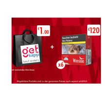 Aktion Winston Zigaretten Red Wundertüte. Roter Hintergrund mit roter Packung mit weißem Winston Logo und schwarzer Tüte .