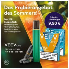 Probierangebot Veev One Freshy Green mit Veev Pods. Grünes Gerät mit 2 Packung Veev Pods mit grün-orangen Hintergrund.