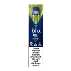 Packung blu bar E-Zigaretten Apple Ice. Blau-grüne Schachtel mit weißer blu bar und grüner Apple Ice Aufschrift.