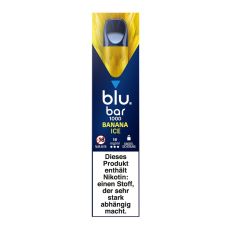 Packung blu bar E-Zigaretten Banana Ice. Blau-gelbe Schachtel mit weißer blu bar Aufschrift.