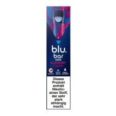 Packung blu bar E-Zigarette Blueberry Cherry 1000. Blau-lila-blaue Schachtel mit weißer blu bar Aufschrift.