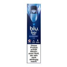 Packung blu bar E-Zigaretten Bluberry Ice. Blau-marmorierte Schachtel mit weißer blu bar und blauer Blueberry Ice Aufschrift.