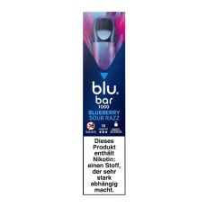 Packung blu bar E-Zigaretten Blueberry Sour Razz. Blau-lila marmorite Schachtel mit weißer blu bar Aufschrift.