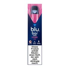 Packung blu bar E-Zigaretten Lychee Ice. Blau-rosa Schachtel mit weißer blu bar und rosa Lychee Ice Aufschrift.