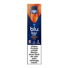 Packung blu bar E-Zigaretten Peach Ice. Blau-orange Schachtel mit weißer blu bar Aufschrift.