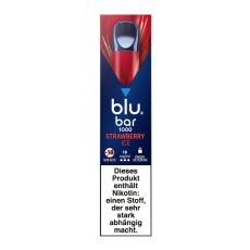 Packung blu bar E-Zigaretten Strawberry Ice. Blau-rote Schachtel mit weißer blu bar Aufschrift.
