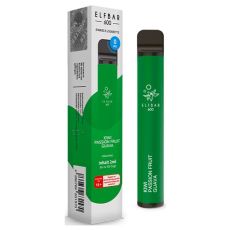 Packung Elfbar 600 Einweg E-Zigarette Kiwi Passion Fruit Guava nikotinfrei. Dunkelgrünes Gerät mit schwarzer Kappe.