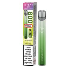 Grün-gelbe Packung Elfbar 800 Einweg E-Zigarette Apple Peach. Grünes Gerät weißem Elfbar Logo im Vordergrund.