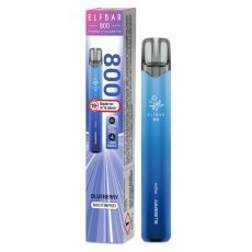 Lila-blaue Packung Elfbar 800 Einweg E-Zigarette Blueberry. Dunkelblaues Gerät weißem Elfbar Logo im Vordergrund mit nikotinfrei Bottom.