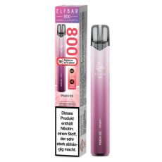 Blass-lilane Packung Elfbar 800 Einweg E-Zigarette Peach Ice. Blass-lilanes Gerät weißem Elfbar Logo im Vordergrund.