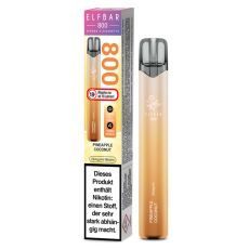 Oker-gelbe Packung Elfbar 800 Einweg E-Zigarette Pineapple Coconut. Oker-gelbes Gerät weißem Elfbar Logo im Vordergrund.