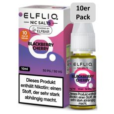 Elfbar Elfliq Nic Salt Liquid Blackberry Cherry. Rosa-lila gemusterte Packung mit großer Elfliq Aufschrift und 10er Pack Bottom.
