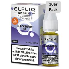 Elfbar Elfliq Nic Salt Liquid Blackberry Ice. Lila gemusterte Packung mit großer Elfliq Aufschrift und PET-Flasche.