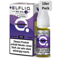 Elfbar Elfliq Liquid Blueberry. Lila-weiße gemusterte Packung mit großer Elfliq Aufschrift und 10er Pack Bottom.