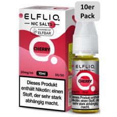 Elfbar Elfliq Nic Salt Liquid Cherry 20mg. Rot-rosa gemusterte Packung mit großer Elfliq Aufschrift und 10er Pack Bottom.