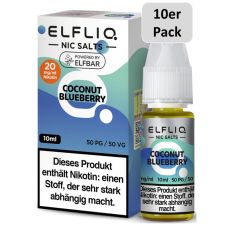 Elfbar Elfliq Nic Salt Liquid Coconut Blueberry. Türkies-blaue gemusterte Packung mit großer Elfliq Aufschrift und 10er Pack Bottom.