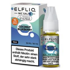 Elfbar Elfliq Nic Salt Liquid Coconut Blueberry. Türkies-blaue gemusterte Packung mit großer Elfliq Aufschrift und PET-Flasche.