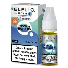 Elfbar Elfliq Nic Salt Liquid Coconut Blueberry. Türkies-blaue gemusterte Packung mit großer Elfliq Aufschrift und PET-Flasche.