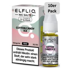 Elfbar Elfliq Nic Salt Liquid Cotton Candy Ice. Rosa-mintgrüne gemusterte Packung mit großer Elfliq Aufschrift und 10er Pack Bottom.