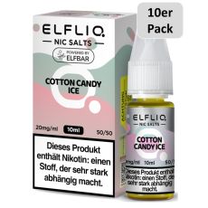 Elfbar Elfliq Nic Salt Liquid Cotton Candy Ice. Rosa-mintgrüne gemusterte Packung mit großer Elfliq Aufschrift und 10er Pack Bottom.