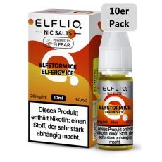 Elfbar Elfliq Nic Salt Liquid Elfstorm Ice. Oker-gelb gemusterte Packung mit großer Elfliq Aufschrift und 10er Pack Bottom.