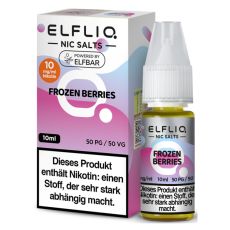 Elfbar Elfliq Nic Salt Liquid Frozen Berries. Rosa-hellblaue gemusterte Packung mit großer Elfliq Aufschrift und PET-Flasche.