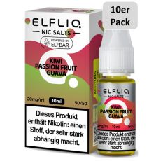 Elfbar Elfliq Nic Salt Liquid Kiwi Passion Fruit Guava. Rot-hellgrün gemusterte Packung mit großer Elfliq Aufschrift und 10er Pack Bottom.