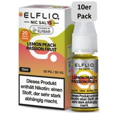 Elfbar Elfliq Nic Salt Liquid Lemon Peach Passion Fruit. Grün-orange gemusterte Packung mit großer Elfliq Aufschrift mit 10er Pack Bottom.