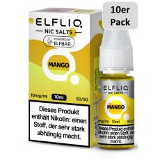 Elfbar Elfliq Nic Salt Liquid Mango. Gelb-weiße gemusterte Packung mit großer Elfliq Aufschrift und 10er Pack Bottom.