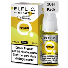 Elfbar Elfliq Nic Salt Liquid Mango. Gelb-weiße gemusterte Packung mit großer Elfliq Aufschrift und 10er Pack Bottom.
