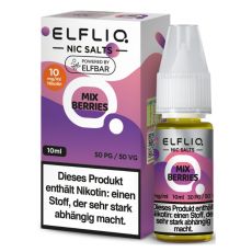 Elfbar Elfliq Nic Salt Liquid Mix Berries. Lila-rosa gemusterte Packung mit großer Elfliq Aufschrift und PET-Flasche.