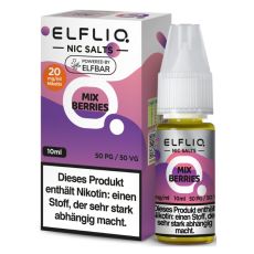 Elfbar Elfliq Nic Salt Liquid Mix Berries. Lila-rosa gemusterte Packung mit großer Elfliq Aufschrift und PET-Flasche.