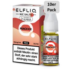 Elfbar Elfliq Nic Salt Liquid Peach Ice. Pfirsichfarbend gemusterte Packung mit großer Elfliq Aufschrift und 10er Pack Bottom.