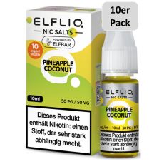 Elfbar Elfliq Nic Salt Liquid Pineapple Coconut. Hellgrün-grün gemusterte Packung mit PET-Flasche und 10er Pack Bottom.