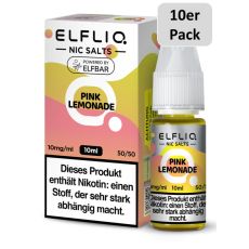 Elfbar Elfliq Nic Salt Liquid Pink Lemonade. Rosa-hellgrün gemusterte Packung mit großer Elfliq Aufschrift und 10er Pack Bottom.