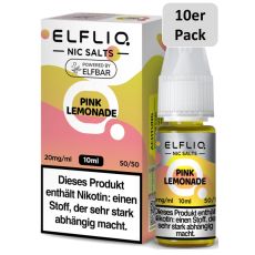 Elfbar Elfliq Nic Salt Liquid Pink Lemonade. Rosa-hellgrün gemusterte Packung mit großer Elfliq Aufschrift und PET-Flasche.