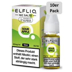 Elfbar Elfliq Nic Salt Liquid Sour Apple. Hellgrün gemusterte Packung mit großer Elfliq Aufschrift und 10er Pack Bottom.