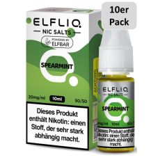 Elfbar Elfliq Nic Salt Liquid Spearmint. Grün gemusterte Packung mit großer Elfliq Aufschrift und 10er Pack Bottom.