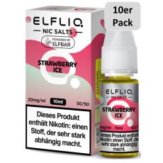 Elfbar Elfliq Nic Salt Liquid Strawberry Ice. Rosa-mindgrüne gemusterte Packung mit großer Elfliq Aufschrift und 10er Pack Bottom.