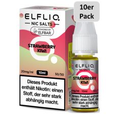 Elfbar Elfliq Nic Salt Liquid Strawberry Kiwi. Rosa-hellgrüne gemusterte Packung mit großer Elfliq Aufschrift und 10er Pack Bottom.