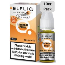 Elfbar Elfliq Nic Salt Liquid Tropical Fruit. Weiß-orange gemusterte Packung mit großer Elfliq Aufschrift und 10er Pack Bottom.