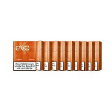 Stange Tabaksticks EVO Amber. Zehn orange Packungen mit weißer evo und for ploom Aufschrift.