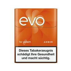 Packung Tabaksticks EVO Amber. Orange Packung mit weißer evo und for ploom Aufschrift.
