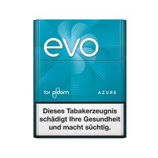 Packung Tabaksticks EVO Azure. Blau-türkise Packung mit weißer evo und for ploom Aufschrift.