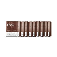 Stange Tabaksticks EVO Bronze. Zehn dunkelbraune Packungen mit weißer evo und for ploom Aufschrift.