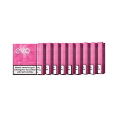 Stange Tabaksticks EVO Garnet. Zehn rosa Packungen mit weißer evo und for ploom Aufschrift.