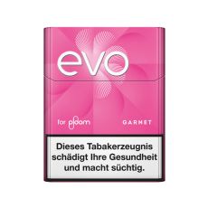 Packung Tabaksticks EVO Garnet. Rosa Packung mit weißer evo und for ploom Aufschrift.
